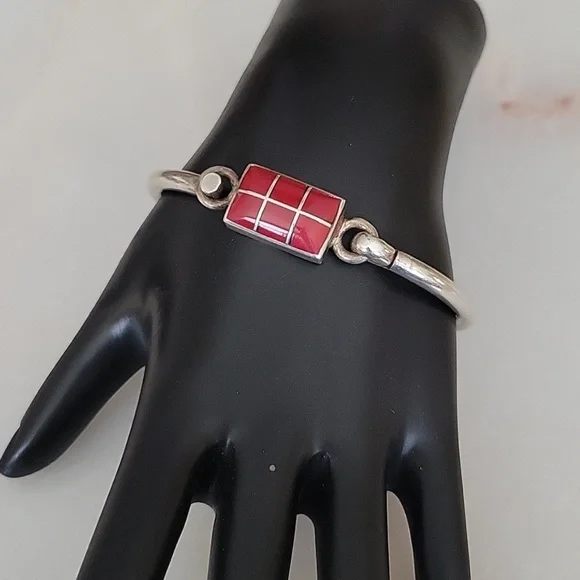 Mexican Sterling Silver And Coral Bangle - Picture 3 of 6